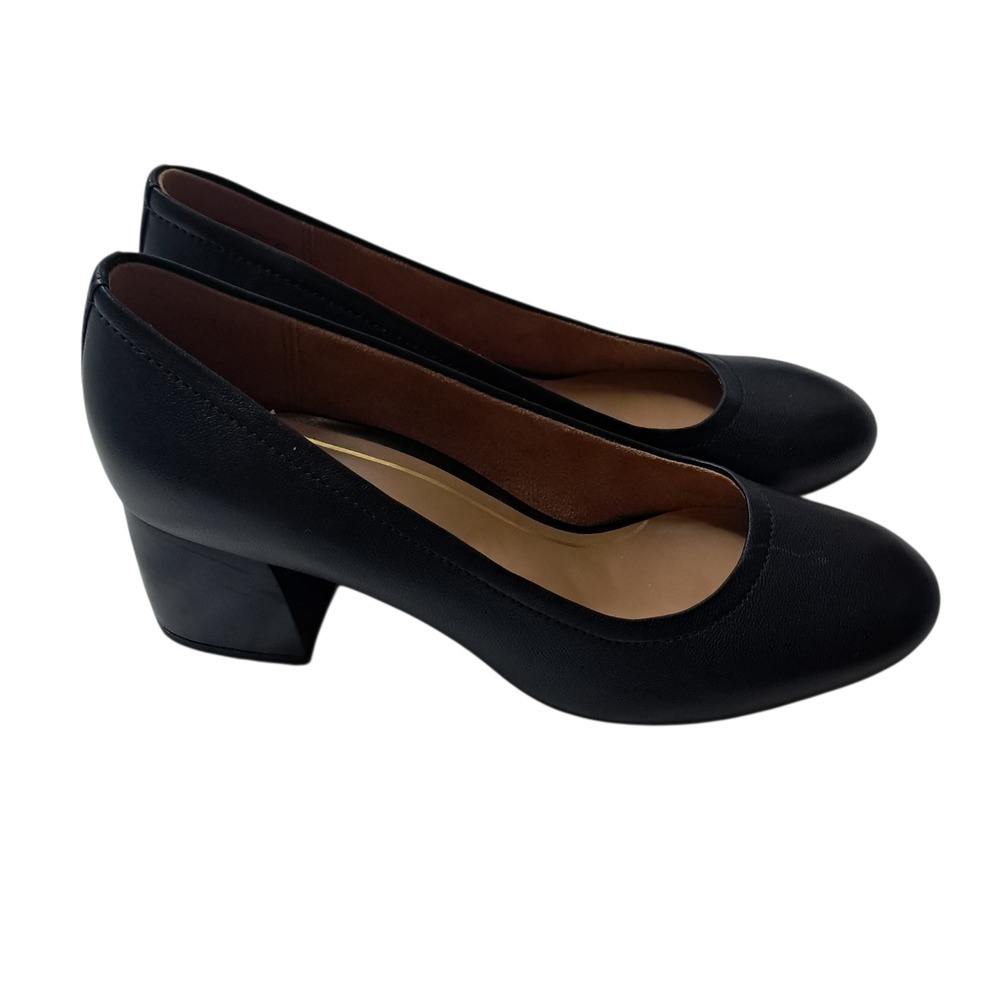 Vionic Carmel Pumps Womens 8 Black Carmel Block Heel Orthotic Leather Office
